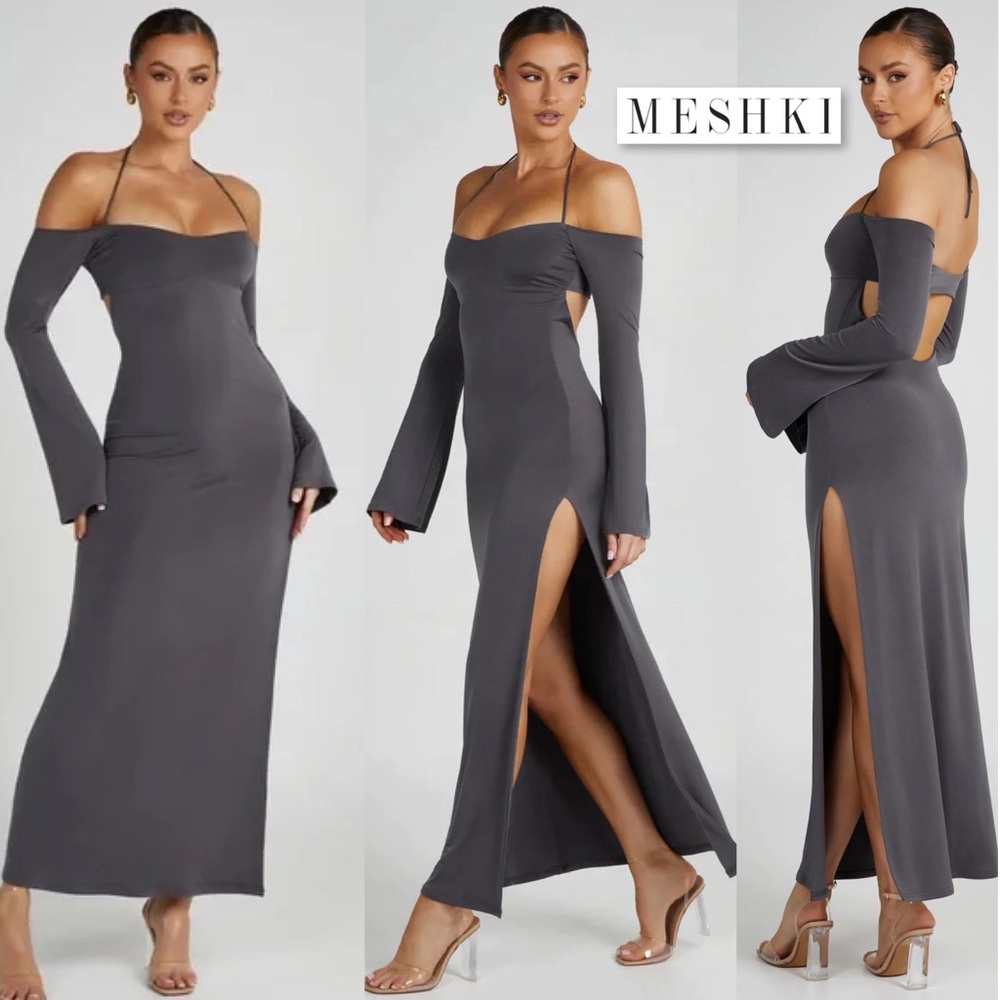 NWT Meshki Tia Slinky Off Shoulder Maxi Dress in Charcoal Gray S Cocktail Gown
